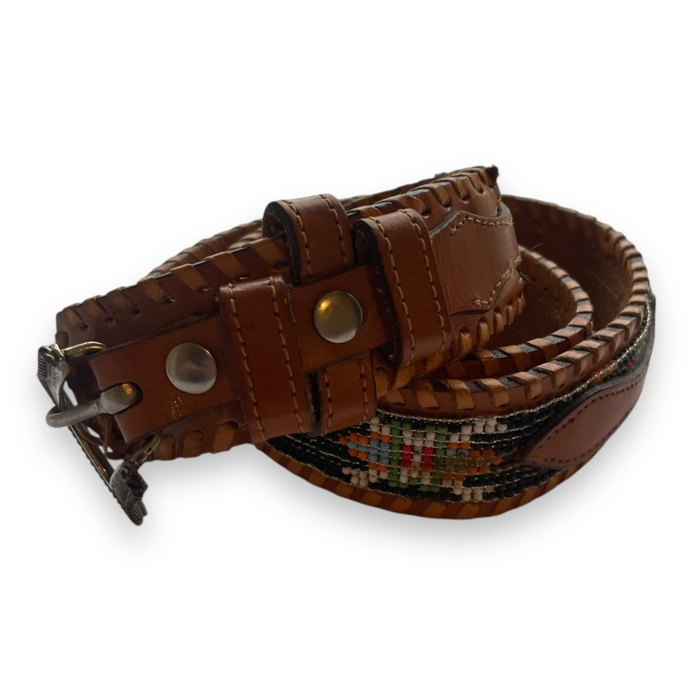 Southwestern Brown Leather Beaded Whipstitch Belt Silver Engraved Buckle Aztec - Picture 3 of 8